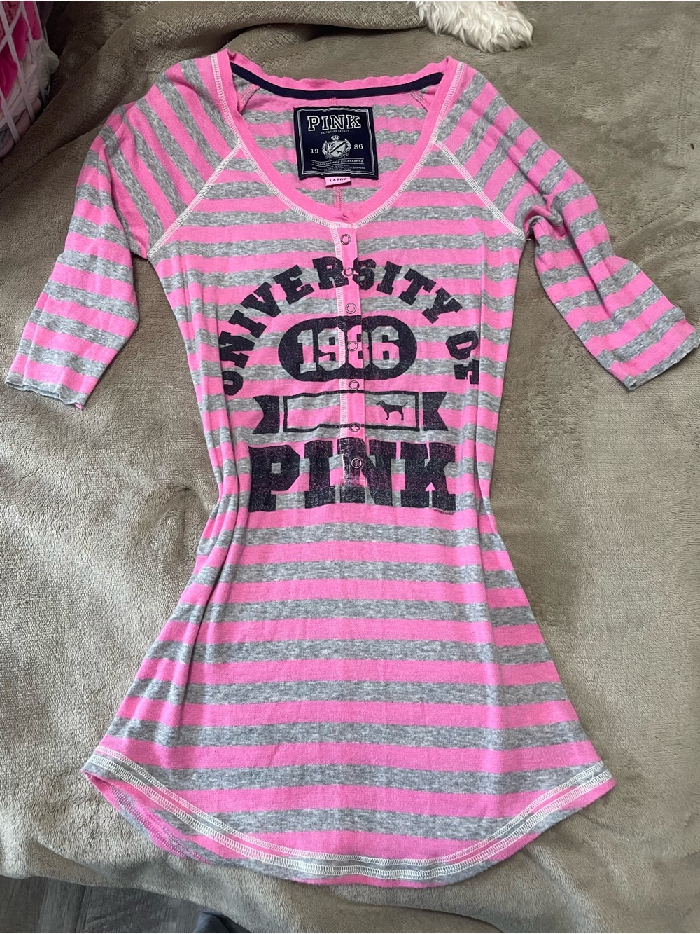 PINK Victoria's Secret Striped Pink & Gray University Graphic 3/4 sleeve